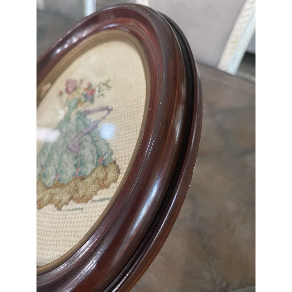Antique Oval Picture Frame  Needlepoint Petit Point Victorian Woman Gallery Wall